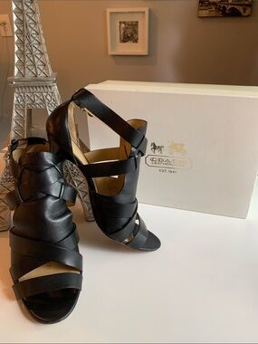 Coach Black Leather Strappy High-Heel Sandals